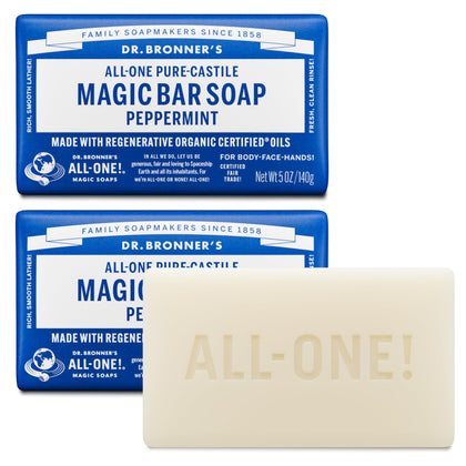 Dr. Bronner's peppermint bar front packaging shows brand and cooling scent benefit
