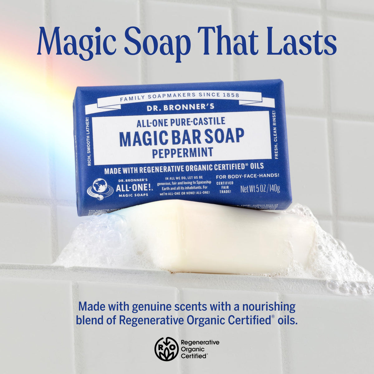 Dr. Bronner's peppermint bar side profile lather demonstrating rich foamy clean