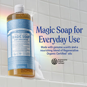 Dr. Bronner's peppermint bottle closeup highlighting invigorating scent and cleansing