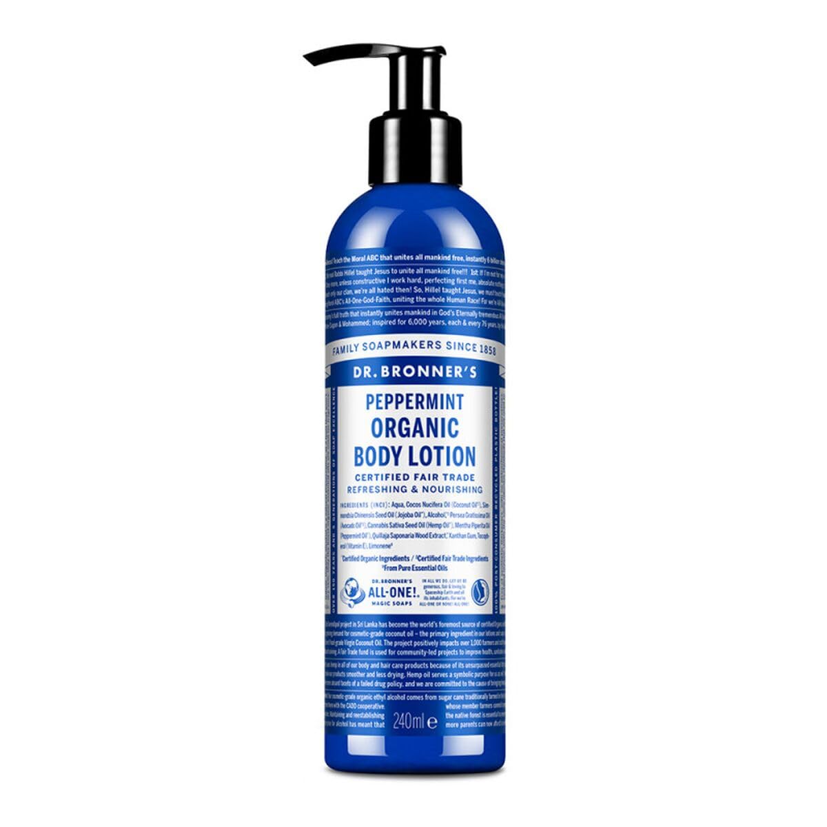 Dr. Bronner's peppermint lotion front label showing size and recycled bottle benefit
