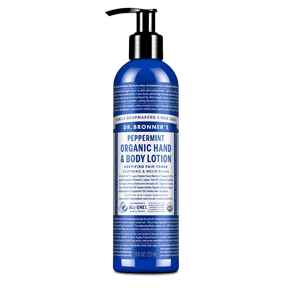 Dr. Bronner's front bottle view showing peppermint lotion, convenient hydration