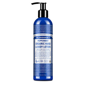 Dr. Bronner's front bottle view showing peppermint lotion, convenient hydration
