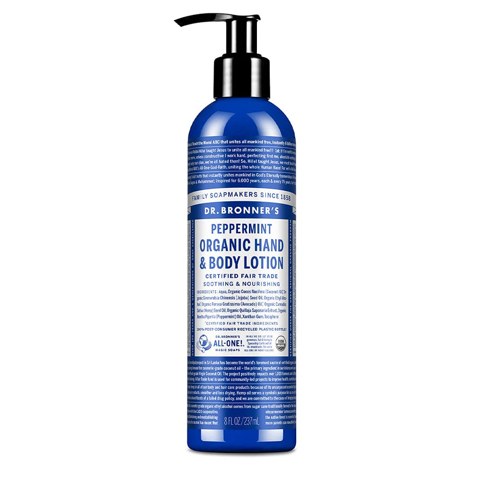 Dr. Bronner's front bottle view showing peppermint lotion, convenient hydration