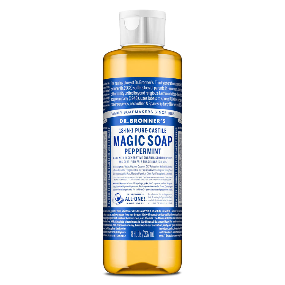 Dr. Bronner's peppermint front label showing organic ingredients and size