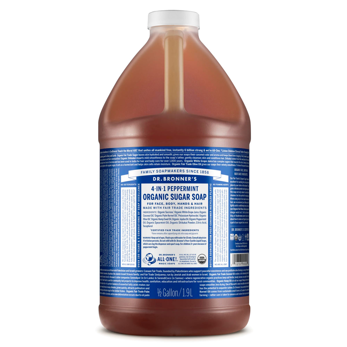 Dr. Bronner's peppermint front label showing organic 64-ounce bottle and benefits