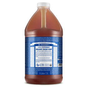Dr. Bronner's peppermint front label showing organic 64-ounce bottle and benefits