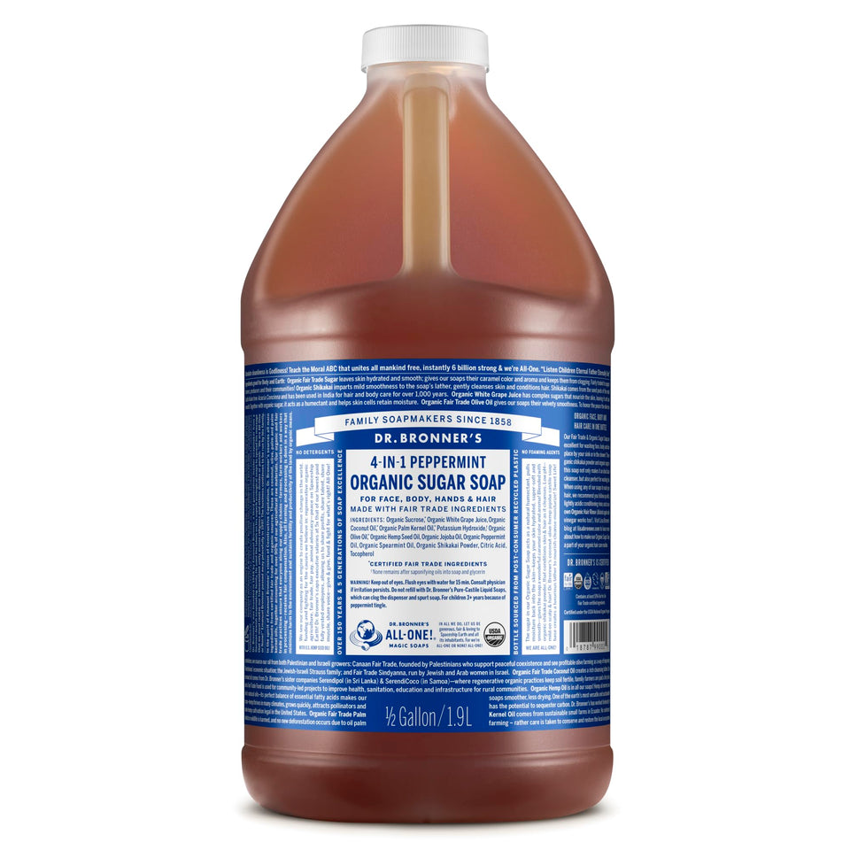 Dr. Bronner's peppermint front label showing organic 64-ounce bottle and benefits