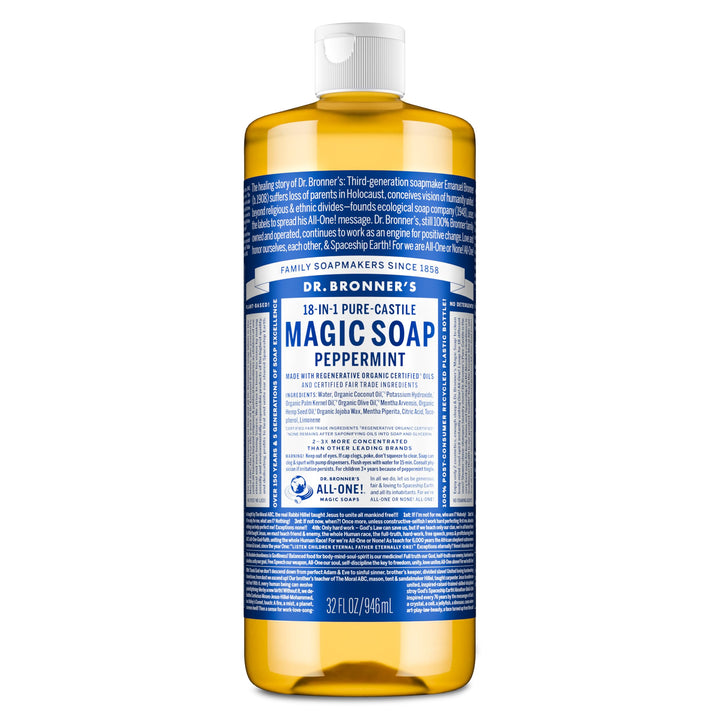 Dr. Bronner's peppermint bottle front label showing product details and benefits