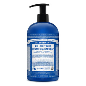 Dr. Bronner's front label showing peppermint bottle and organic claims for trust