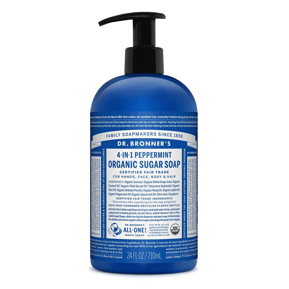 Dr. Bronner's front label showing peppermint bottle and organic claims for trust