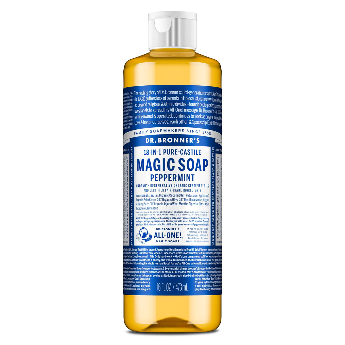 Dr. Bronner's peppermint bottle front label showing product name and size benefits