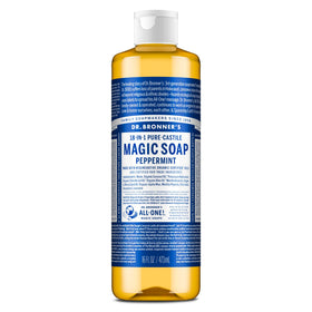 Dr. Bronner's peppermint bottle front label showing product name and size benefits