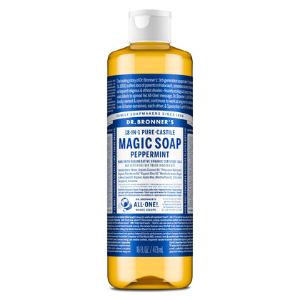 Dr. Bronner's peppermint bottle front label showing product name and size benefits