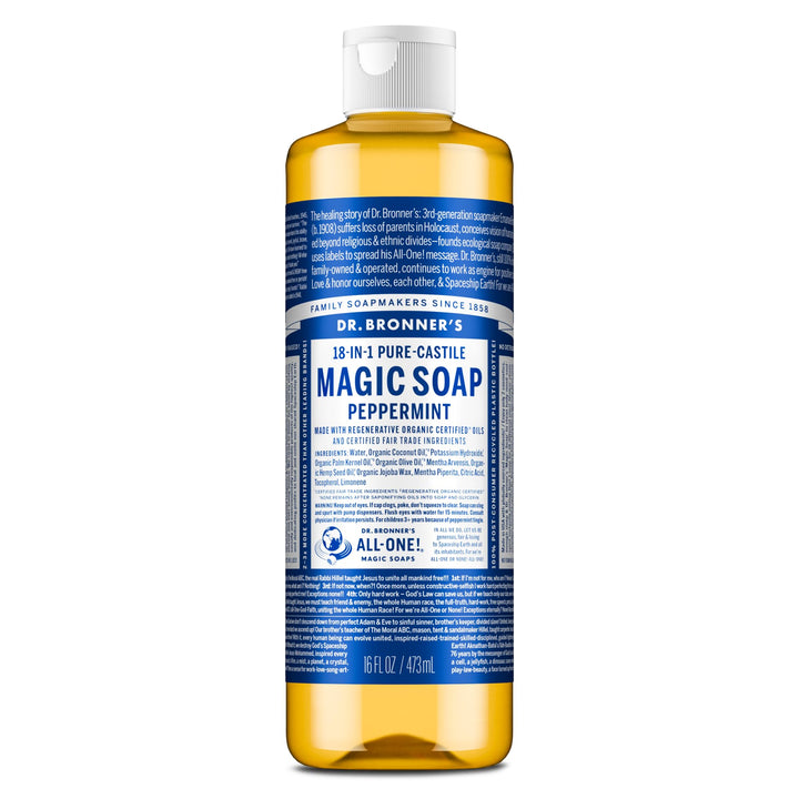 Dr. Bronner's peppermint bottle front label showing product name and size benefits