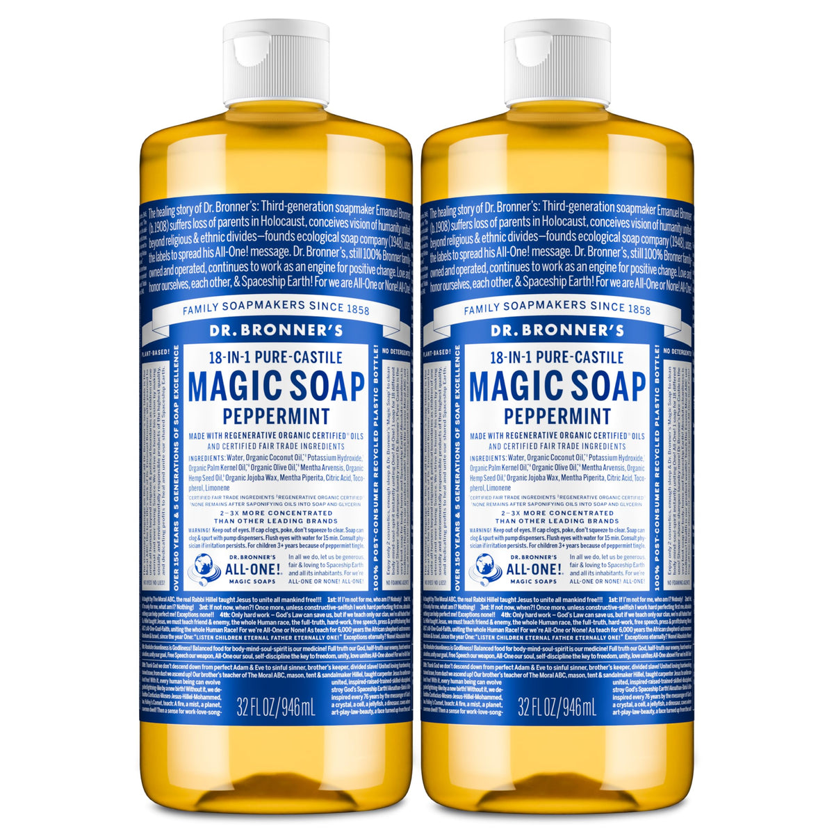 Dr. Bronner's peppermint front packaging showing two 32 oz bottles and usage versatility