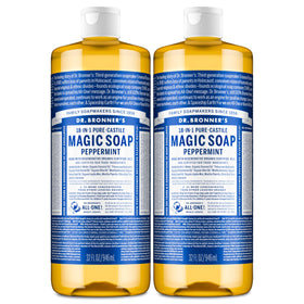 Dr. Bronner's peppermint front packaging showing two 32 oz bottles and usage versatility