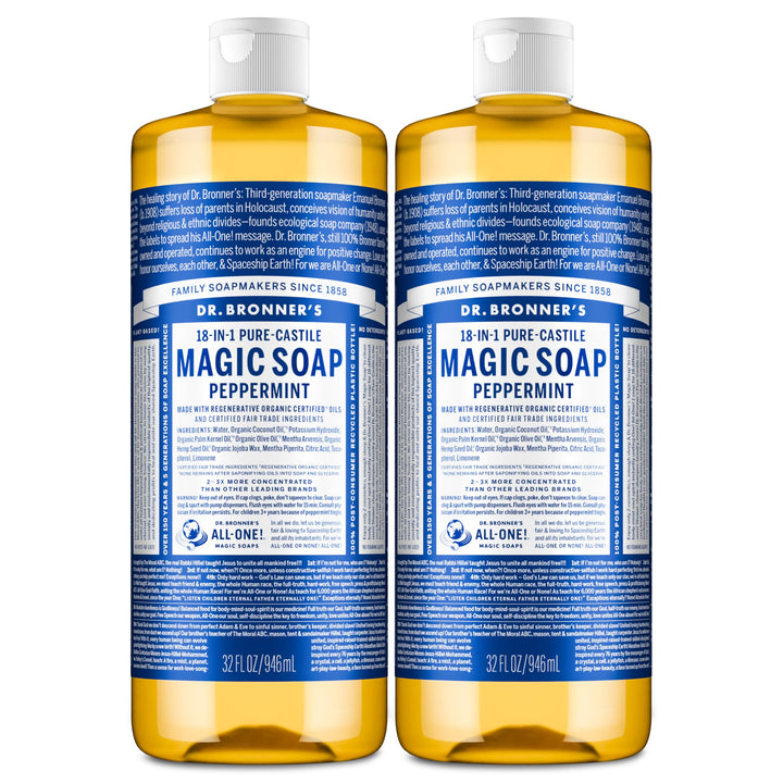 Dr. Bronner's peppermint front packaging showing two 32 oz bottles and usage versatility