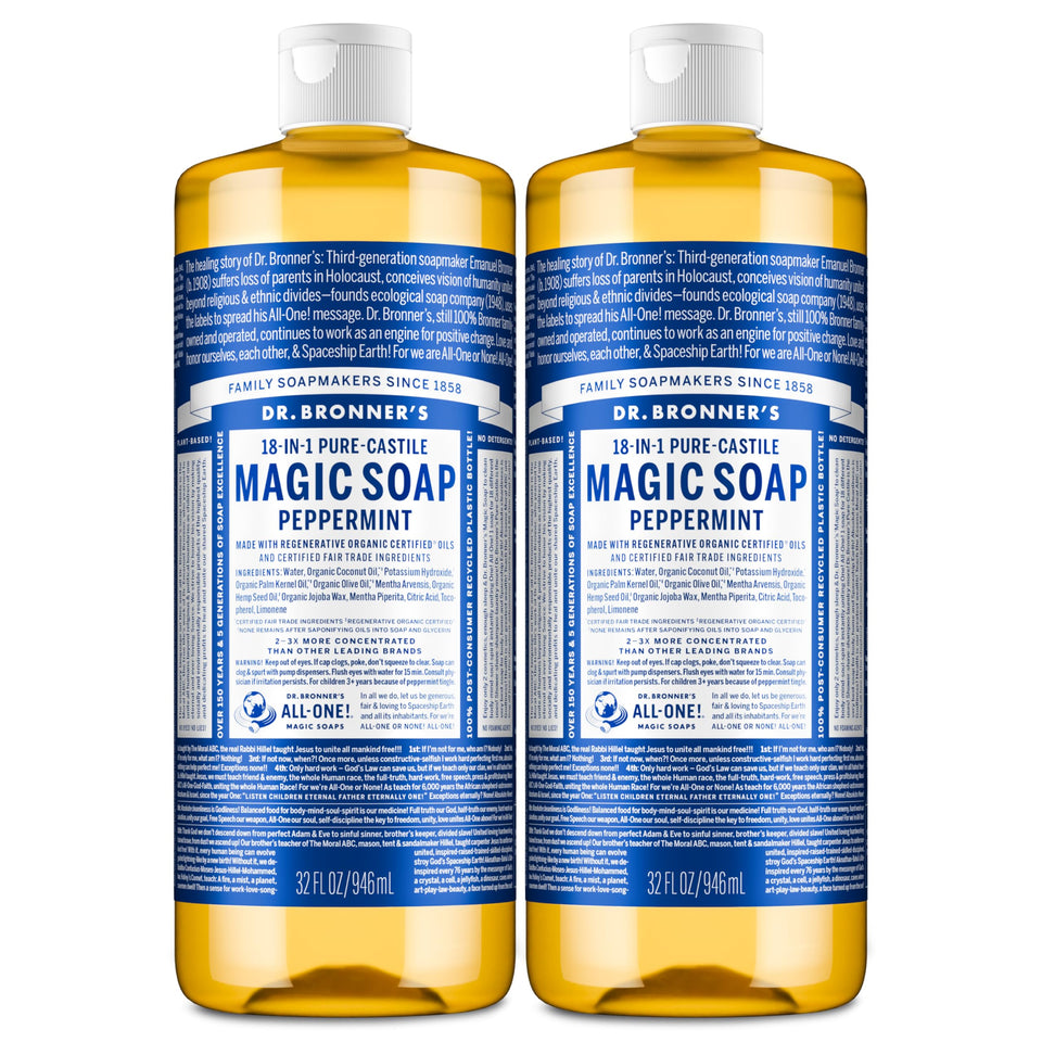 Dr. Bronner's peppermint front packaging showing two 32 oz bottles and usage versatility