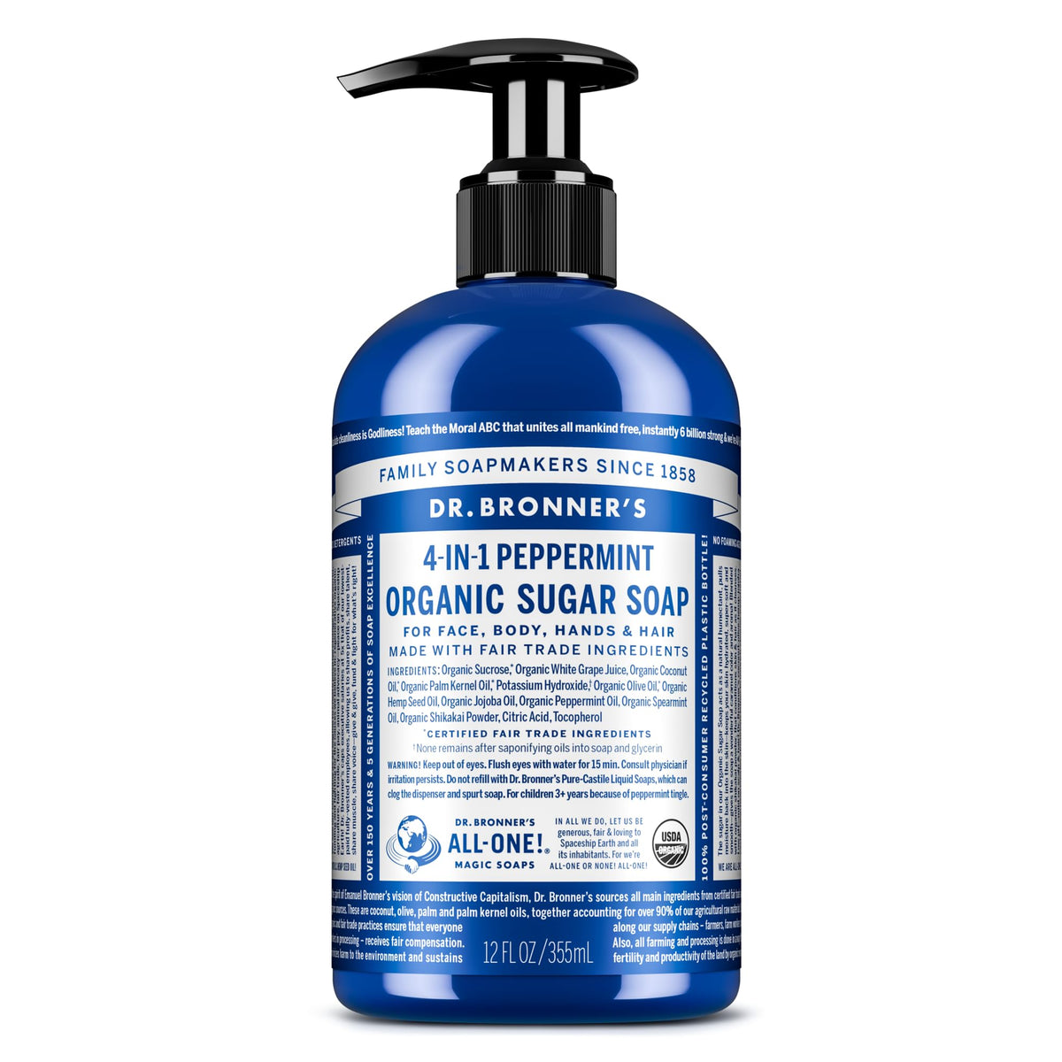 Dr. Bronner's peppermint front packaging showing product and scent benefits