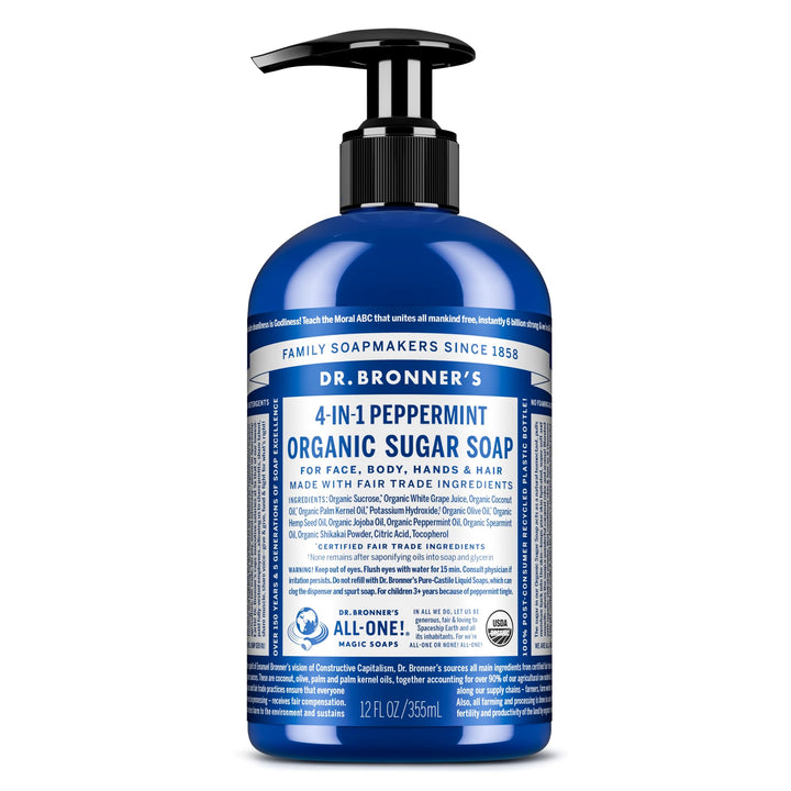 Dr. Bronner's peppermint front packaging showing product and scent benefits