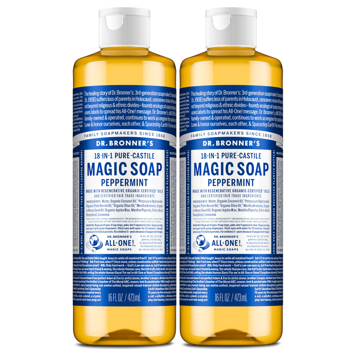 Dr. Bronner's peppermint bottle front view shows label and size benefit