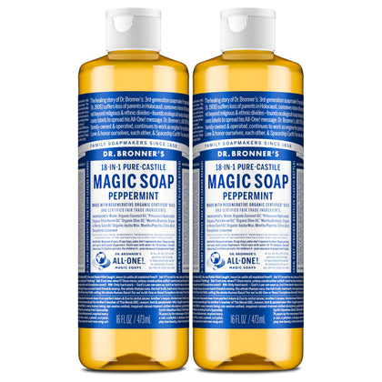 Dr. Bronner's peppermint bottle front view shows label and size benefit