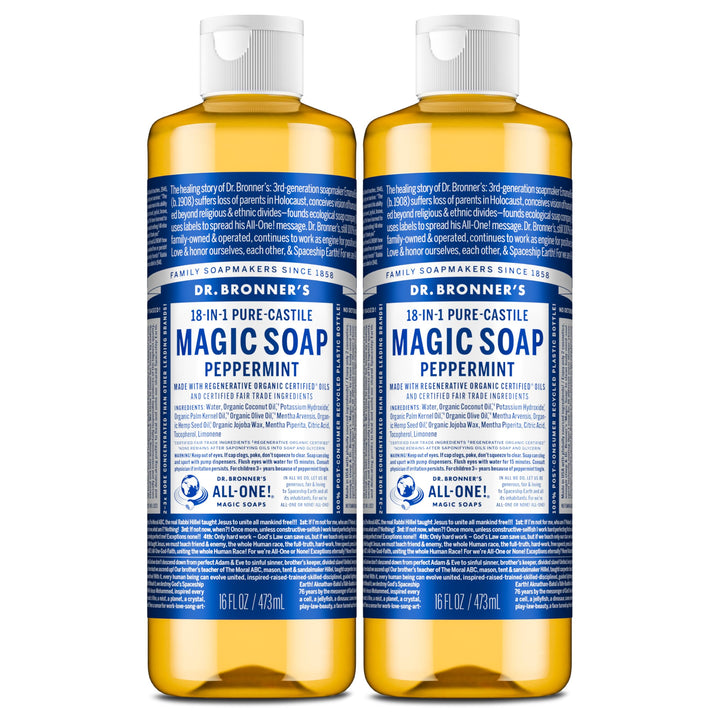 Dr. Bronner's peppermint bottle front view shows label and size benefit