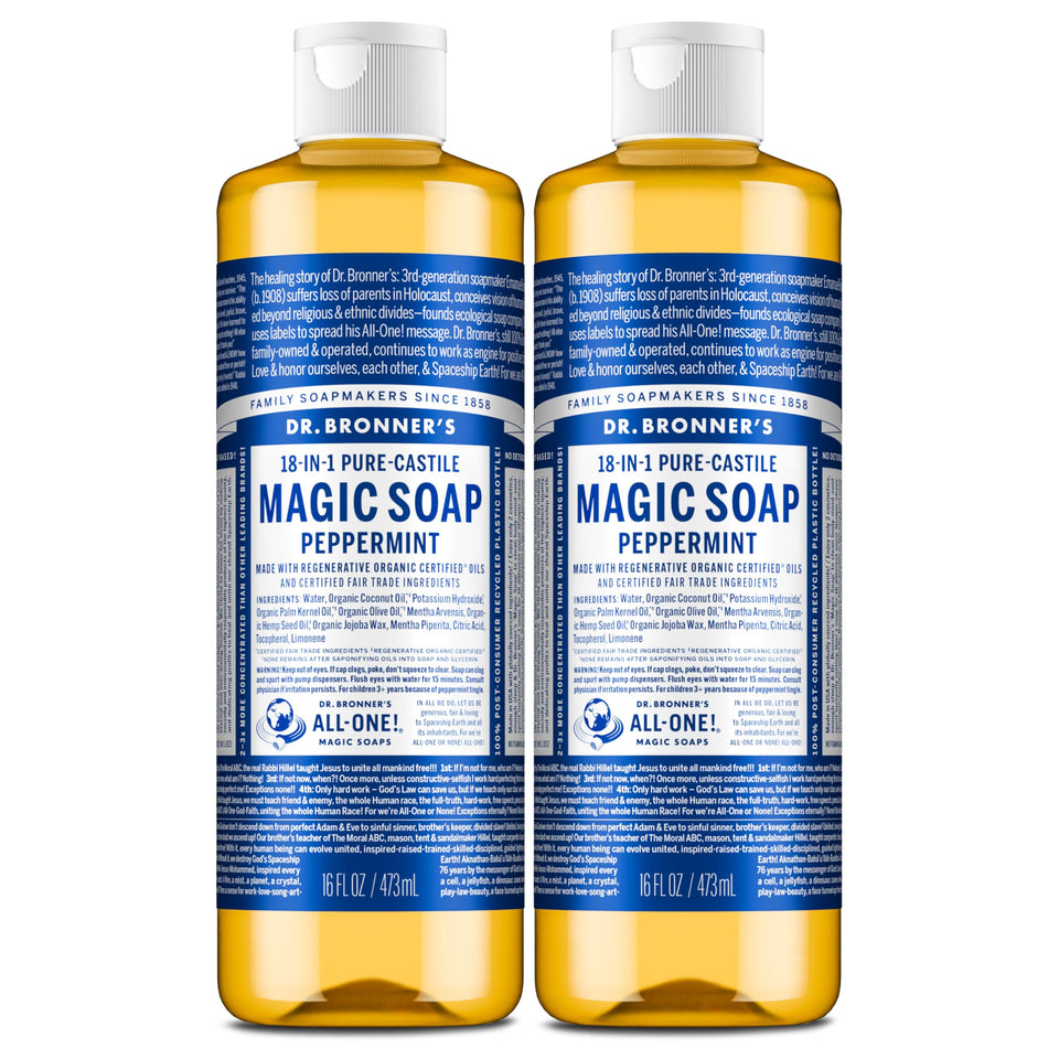 Dr. Bronner's peppermint bottle front view shows label and size benefit
