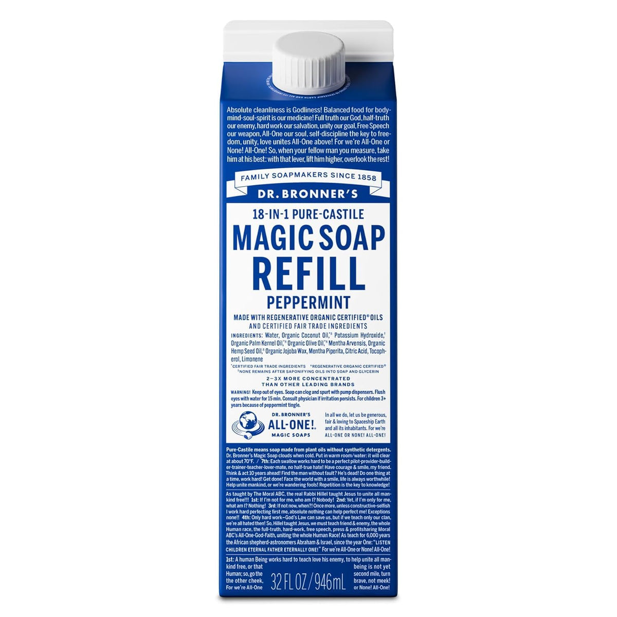 Dr. Bronner's peppermint bottle front view, clear labeling and refreshing scent benefit