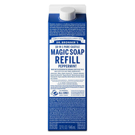 Dr. Bronner's peppermint bottle front view, clear labeling and refreshing scent benefit