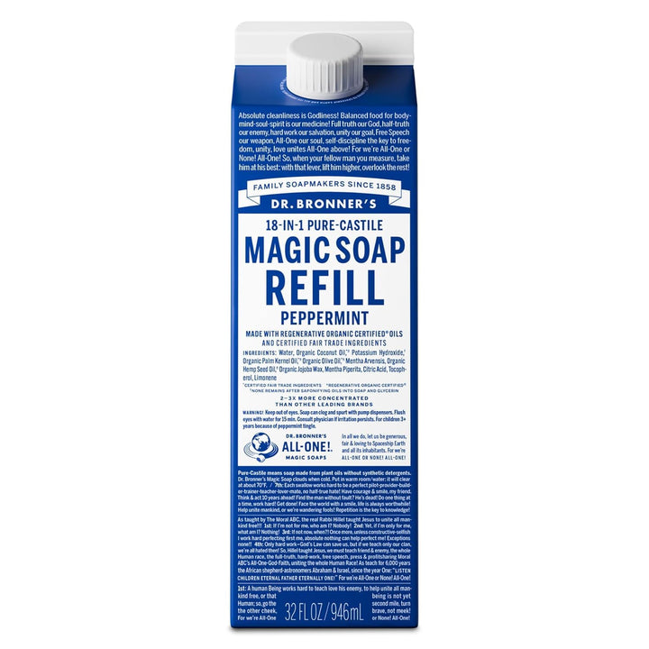 Dr. Bronner's peppermint bottle front view, clear labeling and refreshing scent benefit