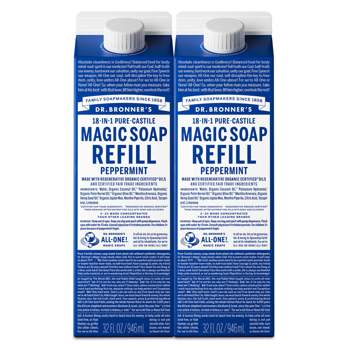 Dr. Bronner's front packaging showing peppermint refill and eco benefits
