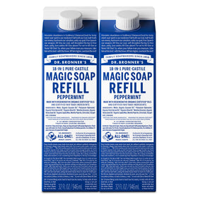 Dr. Bronner's front packaging showing peppermint refill and eco benefits