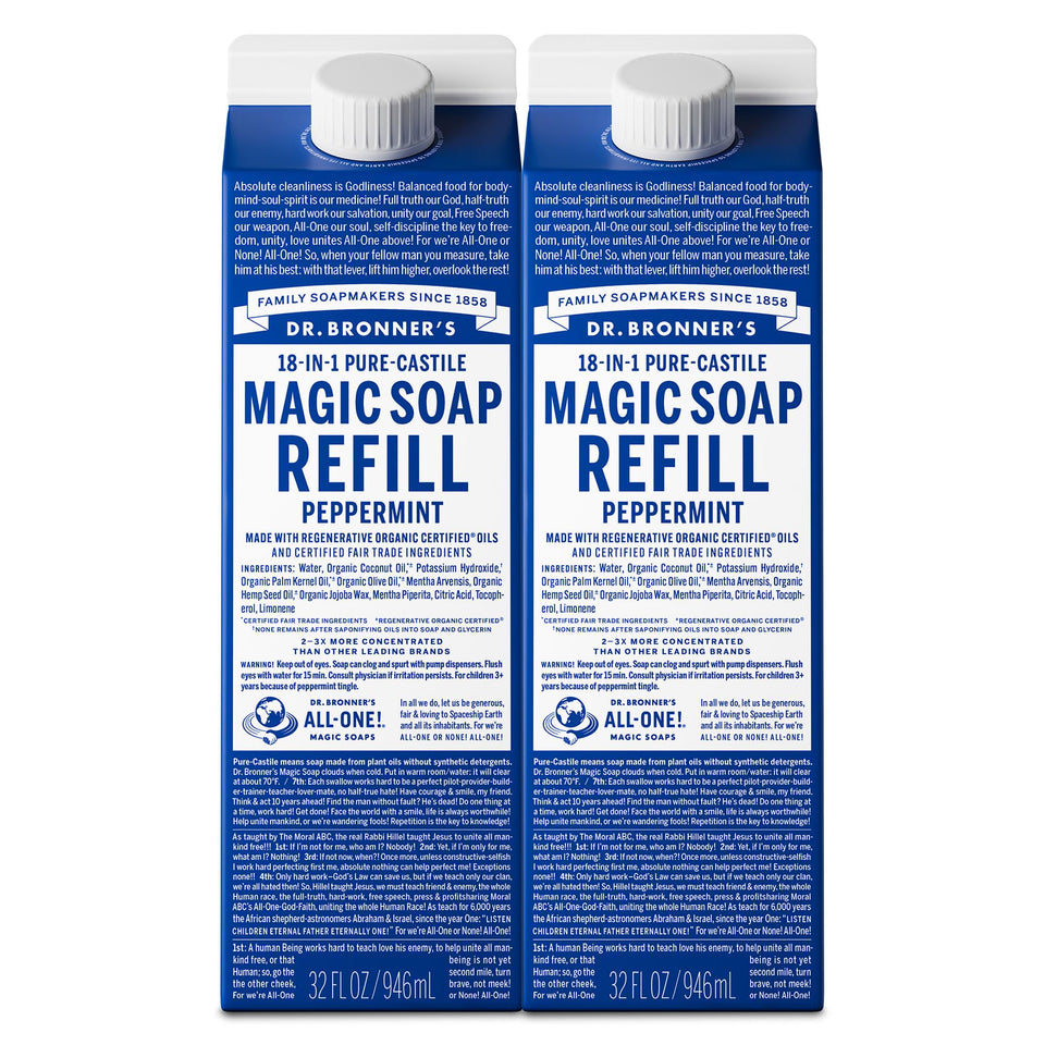 Dr. Bronner's front packaging showing peppermint refill and eco benefits