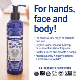 Dr. Bronner's bottle beside sink showing daily hand and body care