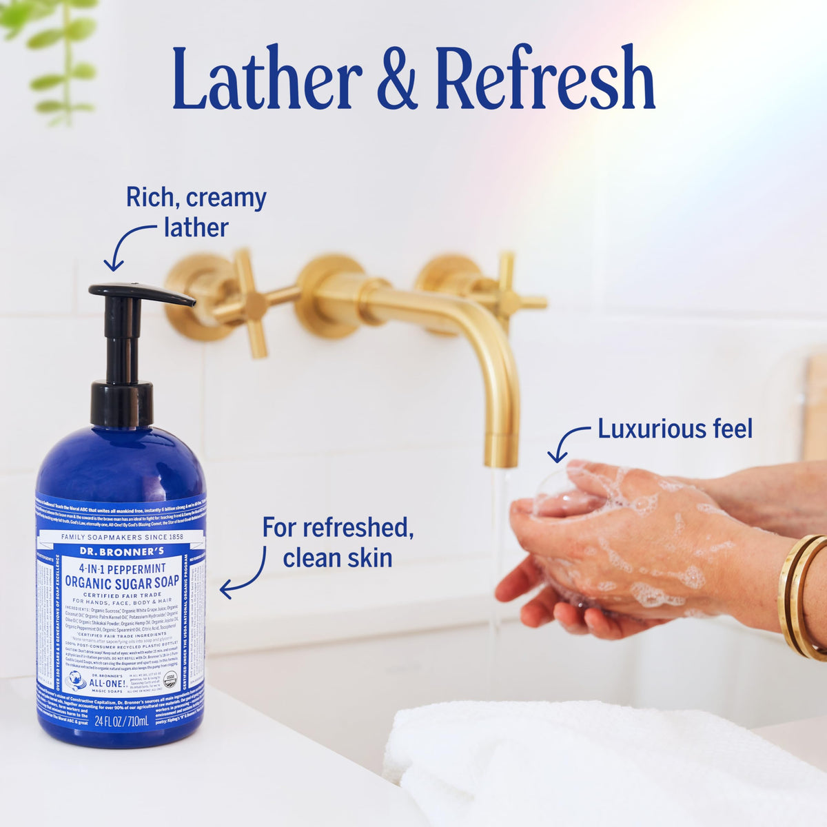 Dr. Bronner's peppermint key ingredients flatlay with sugar, shikakai, and oils
