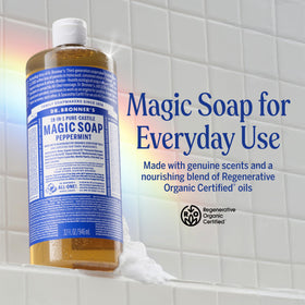 Dr. Bronner's closeup label highlighting organic ingredients and fair-trade sourcing benefit