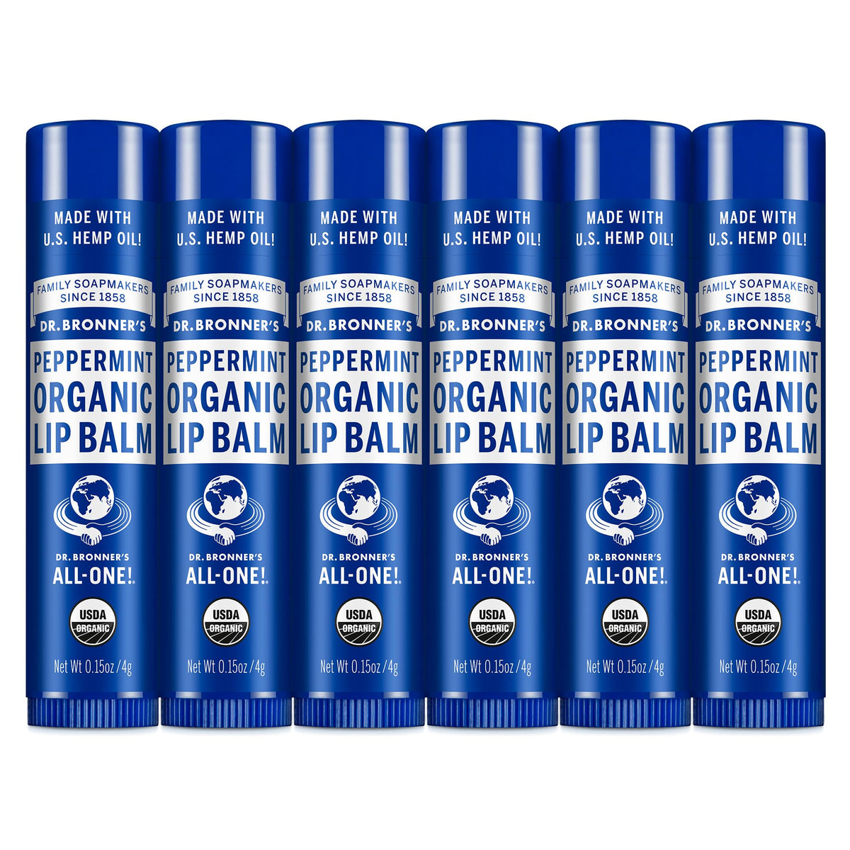 Dr. Bronner's peppermint lip balm front packaging showing tubes and branding for easy selection
