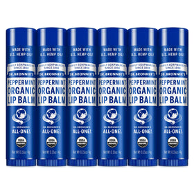 Dr. Bronner's peppermint lip balm front packaging showing tubes and branding for easy selection