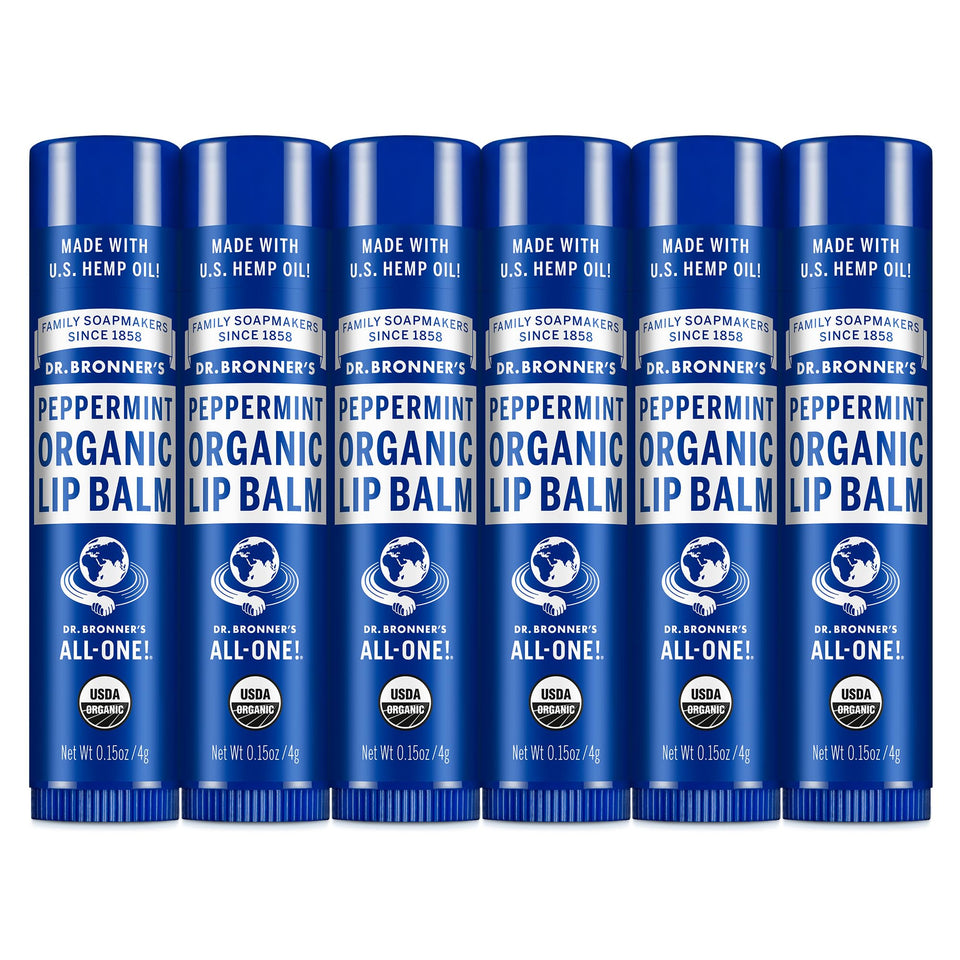 Dr. Bronner's peppermint lip balm front packaging showing tubes and branding for easy selection