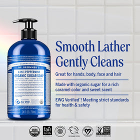 Dr. Bronner's peppermint soap pouring from bottle to show texture and control