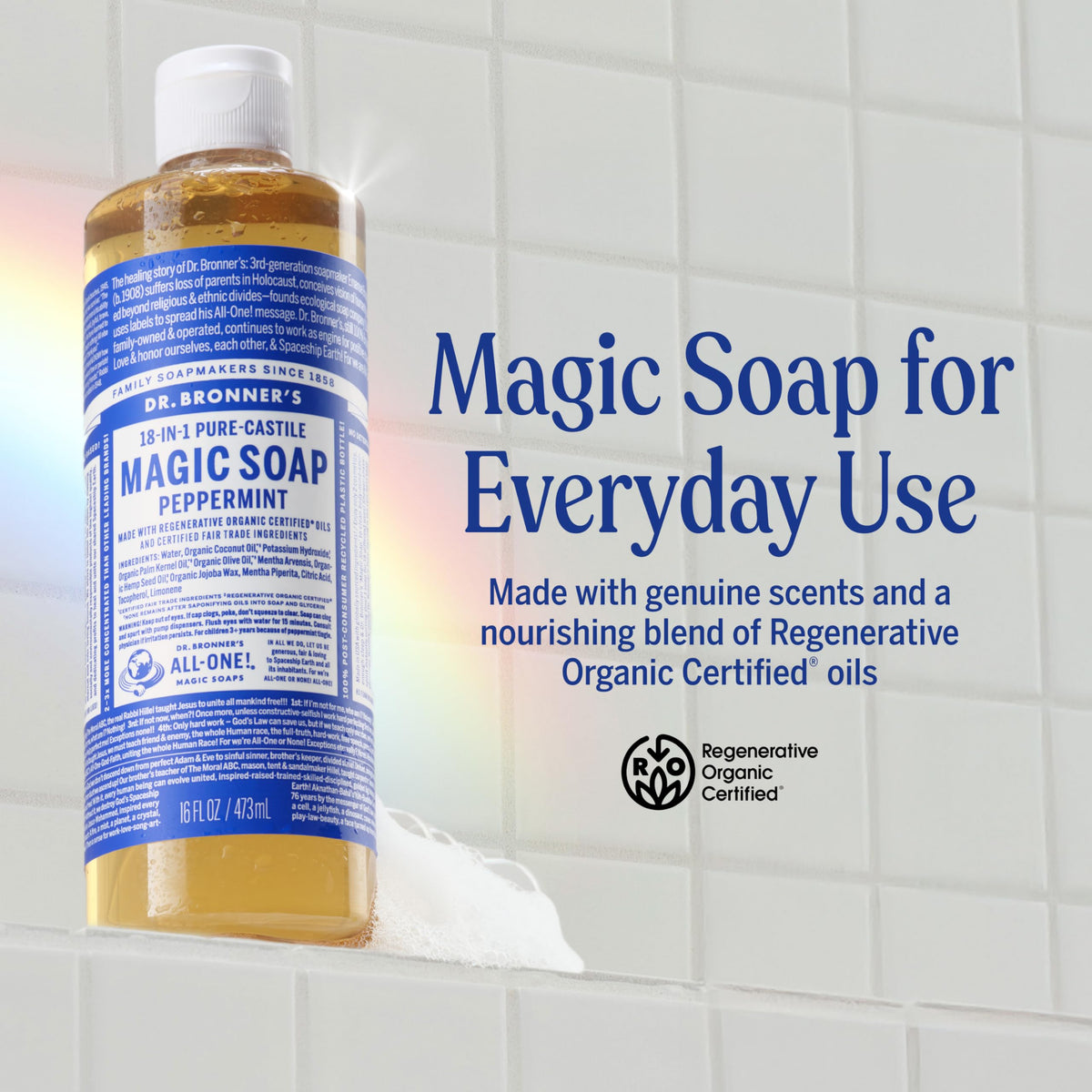 Dr. Bronner's pouring soap into hand demonstrating concentrated pour and control