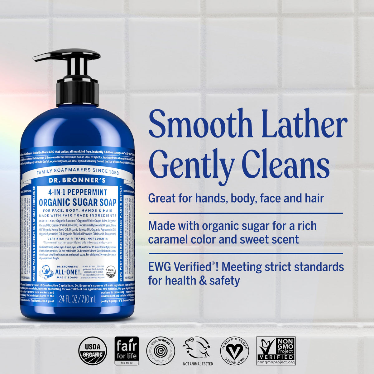 Dr. Bronner's pump close-up highlighting easy dispensing and controlled use