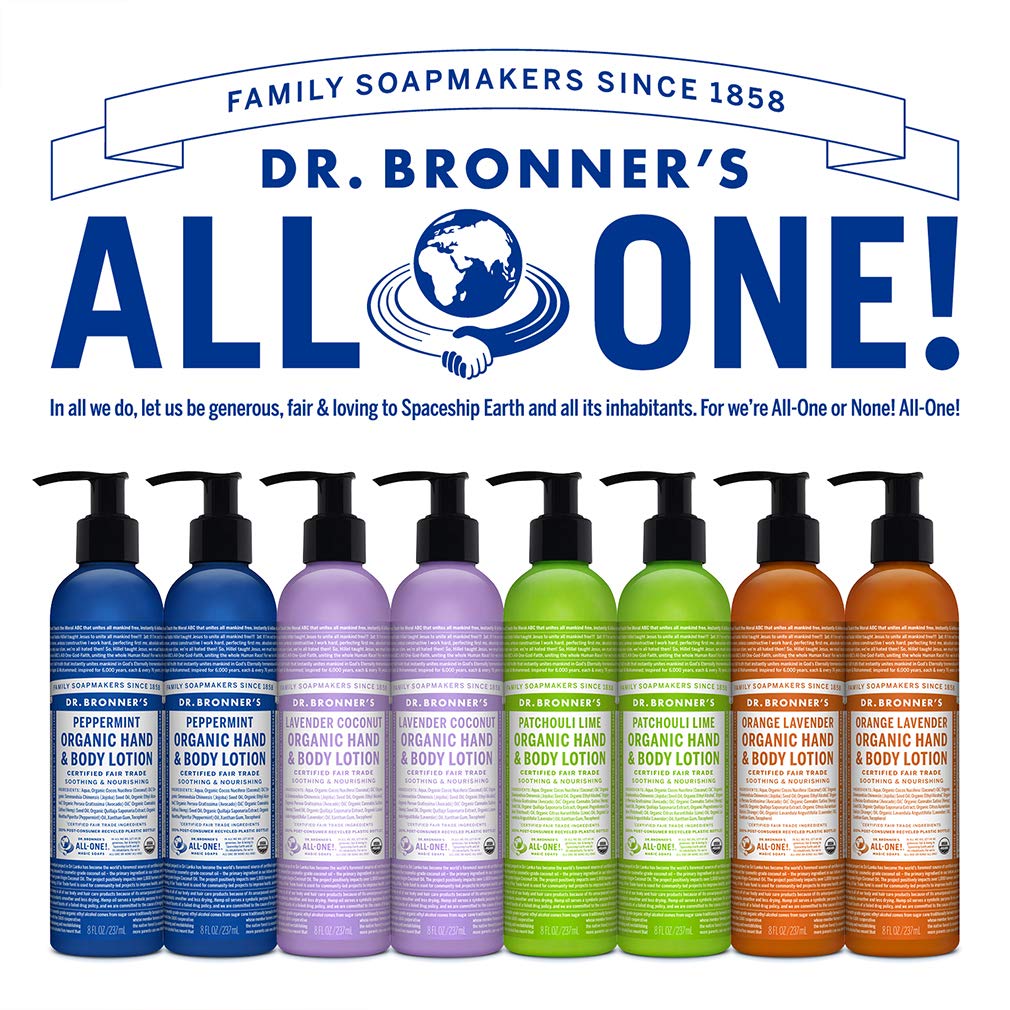 Dr. Bronner's lotion in hand showing 8 ounce scale and travel convenience