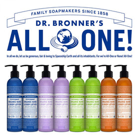 Dr. Bronner's lotion in hand showing 8 ounce scale and travel convenience