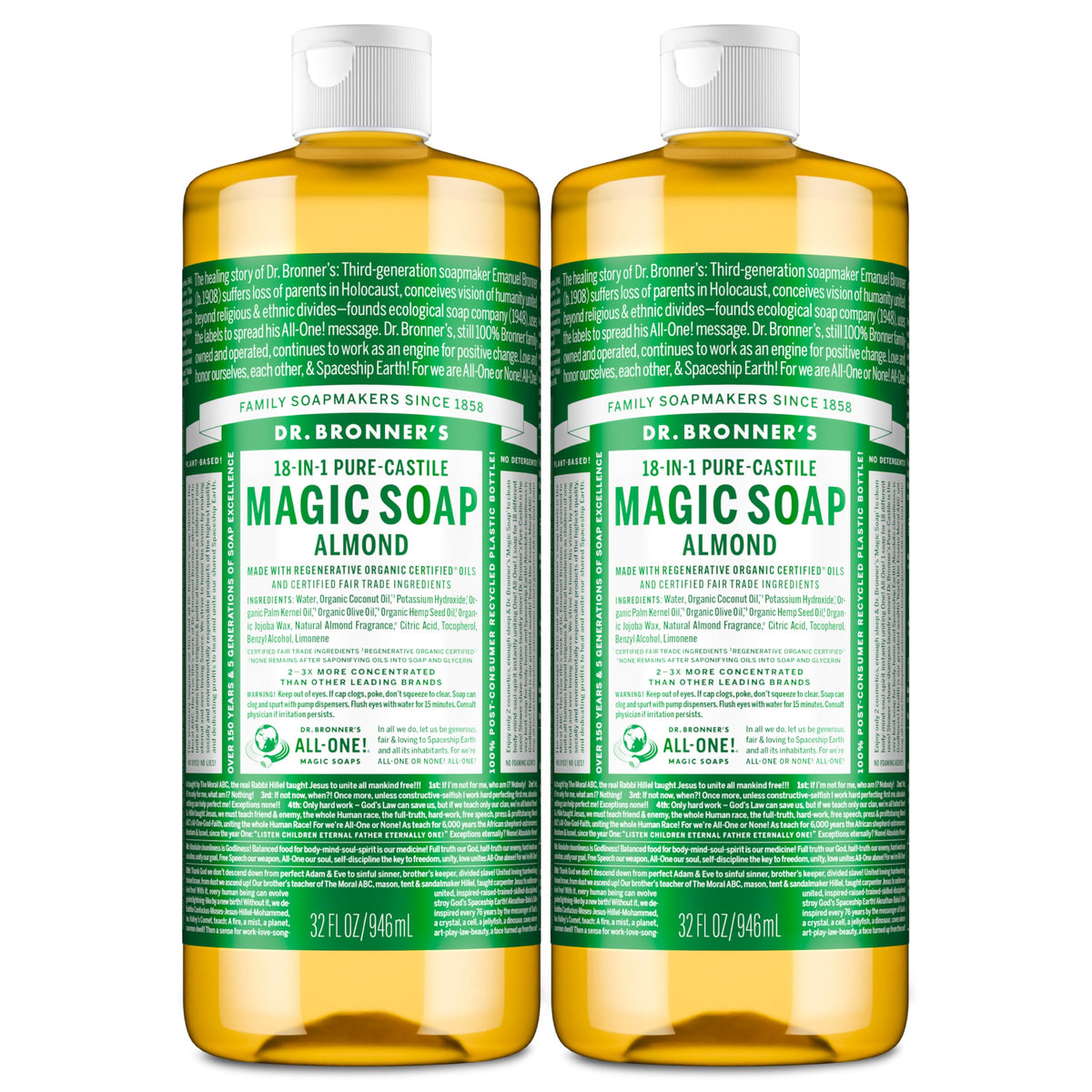 dr. bronner's almond front packaging showing two 32oz bottles and benefits