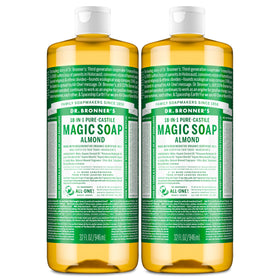 dr. bronner's almond front packaging showing two 32oz bottles and benefits