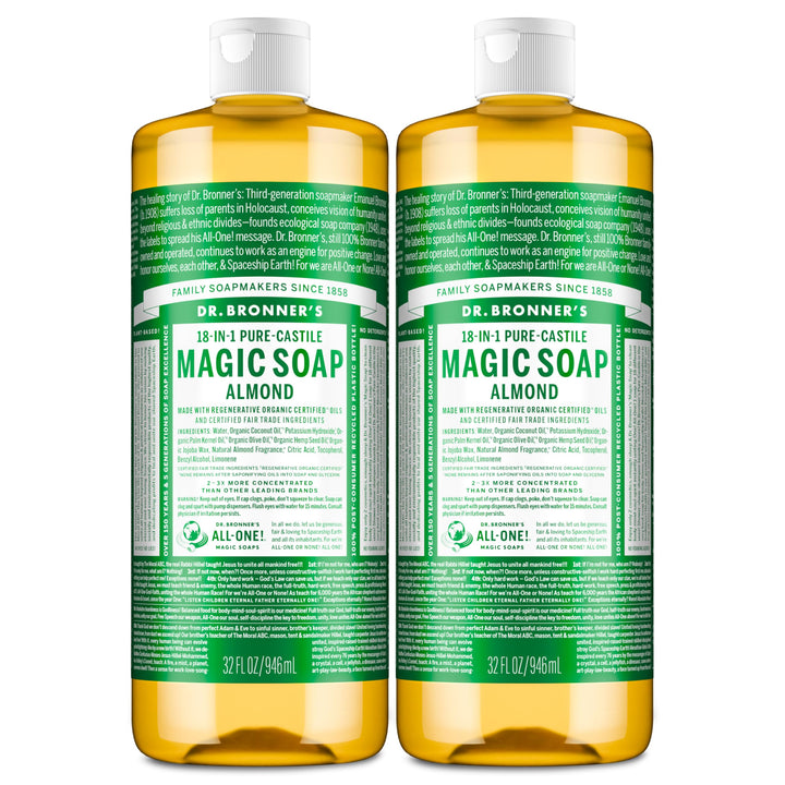 dr. bronner's almond front packaging showing two 32oz bottles and benefits