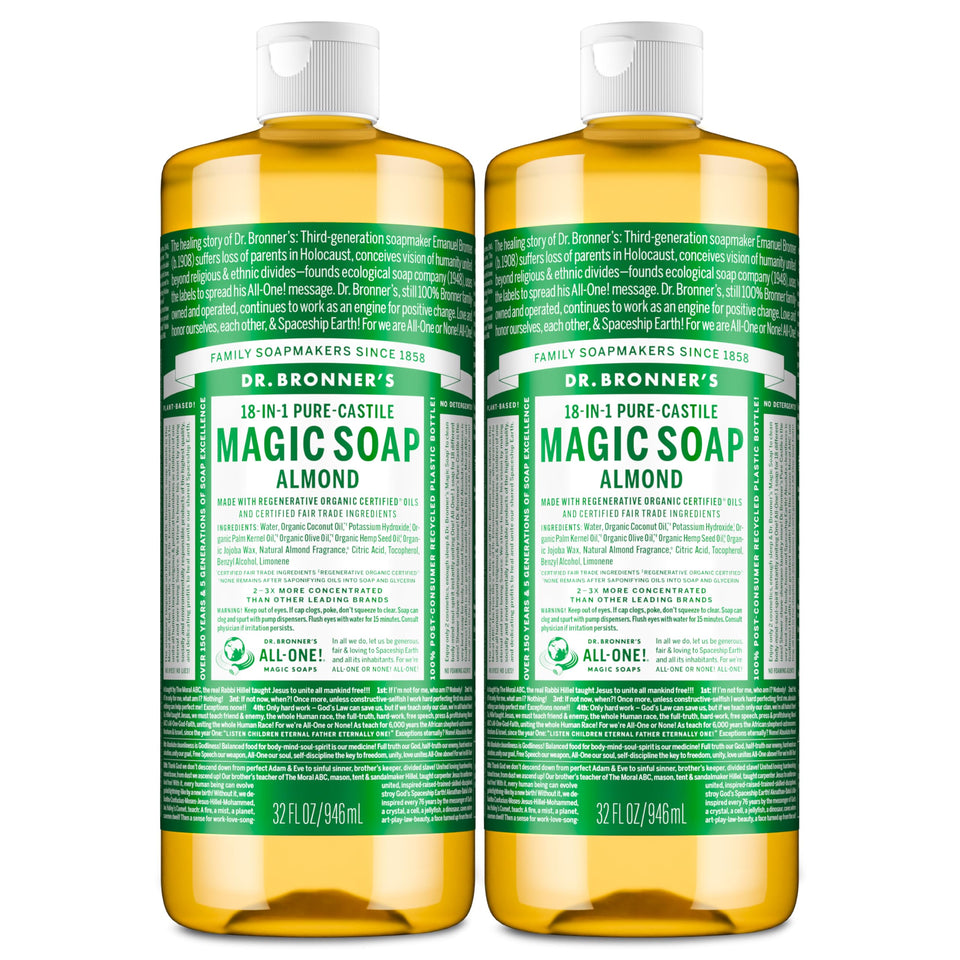 dr. bronner's almond front packaging showing two 32oz bottles and benefits