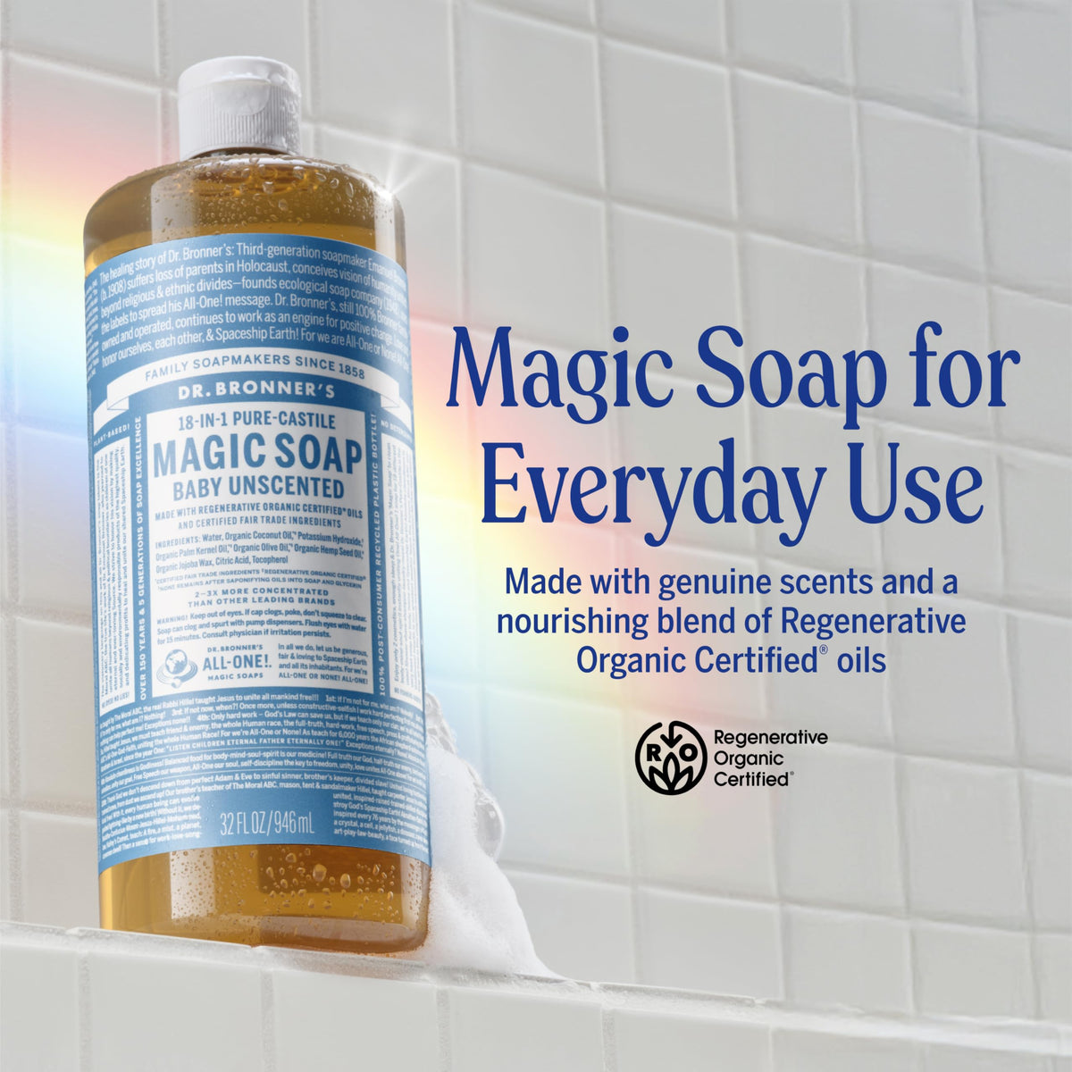 Dr. Bronner's pouring soap into hand to create rich lather for gentle cleansing